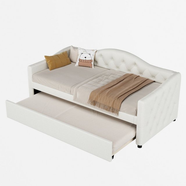 MODFU Polsterbett Schlafsofa Daybett Tagesbett Kinderbett (mit ausziehbarem Einzelbett, Leinen, minimalistisches Styling, 90×200 cm), ohne Matratze