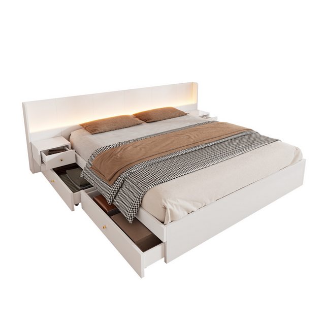 MODFU Polsterbett mit LED-Beleuchtung (Holzbett, Jugendbett, Doppelbett, 1-tlg., 2 Schubladen, 2 Nachttische, 180*200cm, ohne Matratze), mit USB-Schnittstelle, Steckdose,steuerbar per Mobile APP