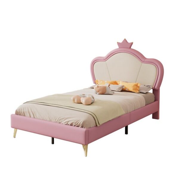 MODFU Prinzessinbett Kinderbett,Polsterbett, Einzelbett (Kinderbett, mit Krone und weichen Schutzkanten, Elegantes Polsterbett für Kinder - 90x200 cm), ohne Matratze