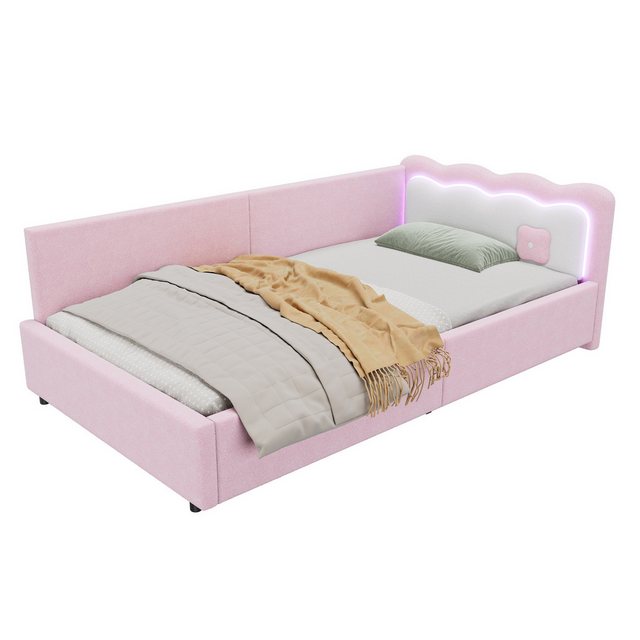 MODFU Schlafsofa Daybett Tagesbett Polsterbett Einzelbett Kinderbett Funktionsbett, mit LED-Umgebungslicht und Fernbedienung – Rosa Schlafsofa aus Vliesimitat und MDF, ideal für Schlafzimmer und Wohnzimmer, einfacher Aufbau, Ohne Matratze 90×200 cm