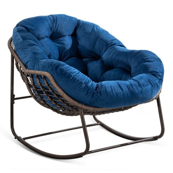 MODFU Sofa Rattan-Schaukelstuhl für Outdoor,Relaxsessel, Handgefertigter Rattan-Schaukelstuhl mit gepolstertem Sitz - Wetterfest, robust und ergonomisch, Navy Blue, für Garten & Wohnzimmer