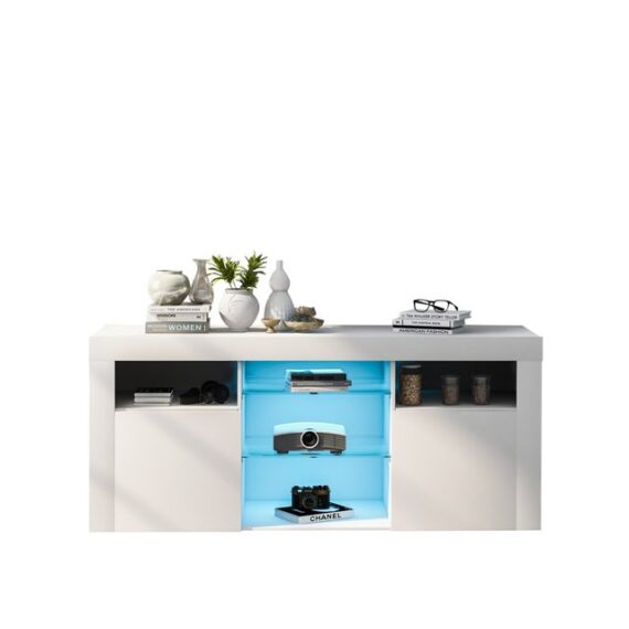 MODFU TV-Schrank TV-Ständer mit 2 Schränken mit Türen und 5 offenen Regalen (Hochglanz-TV-Schrank Einstellbares LED-System, weiß 120*35*50cm Multifunktionale Aufbewahrung) 16-farbige LED-Beleuchtung,TV-Möbel für bis zu 55 Zoll Fernseher