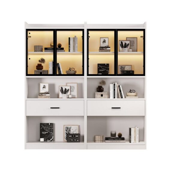 MODFU Vitrine Glastüren kein Türgriff-Design (Aufbewahrungsregale, Bücherregal Vitrine, Display Regal, 2-St., 2 Vitrine, Jeder(2 Türen, 1 Schublade, 2 offene Fächer) mit Pop-up Glastüren, 16 verschiedene Lichteinstellungen