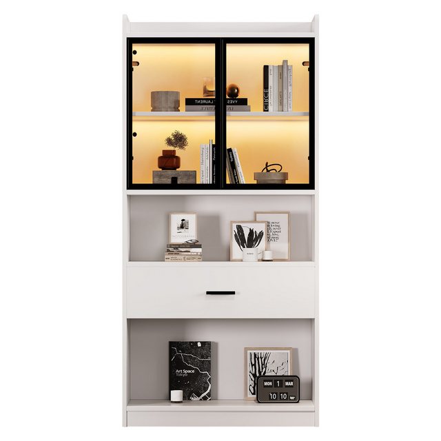 MODFU Vitrine Multifunktionaler Lagerschrank (Aufbewahrungsregale, Bücherregal Vitrine, Display Regal, 1-St., 1 Vitrine(2 Türen, 1 Schublade, 2 offene Fächer) LED-Beleuchtung mit 16 Lichtfarben, verstellbare Regale