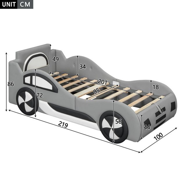 Merax Autobett 90x200cm mit Stauraum und Lattenrost, Rennwagen Kinderbett Polsterbett, Kunstleder