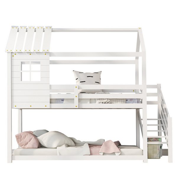 Merax Etagenbett 90x200cm mit Ecktreppe und Rausfallschutz inkl. zwei Liegeflächen, zweistöckiges Kinderbett mit Lattenrost, Hausbett aus Kiefer, Hochbett