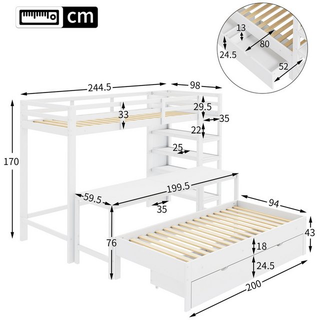 Merax Etagenbett 90x200cm mit Schreibtisch und Aufbewahrungsregal (Multifunktionale Kombinationen, 244.5x98x170 cm), Kinderbett mit Schubladen und Leiter, Hochbett Stockbett, Stauraumbett