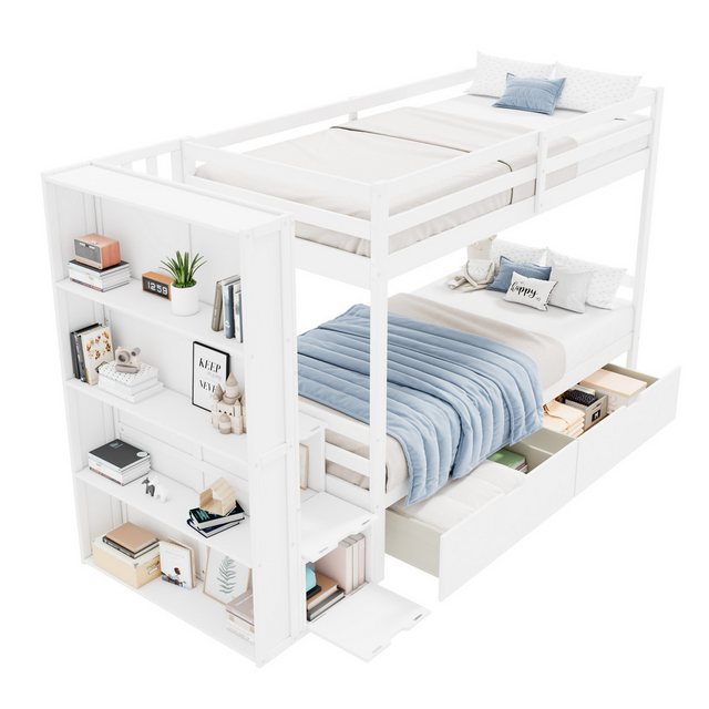 Merax Etagenbett 90x200cm mit Stauraumtreppe, Kinderbett mit Lagerregal, Stockbett mit zwei Schubladen, Massivholz Hochbett