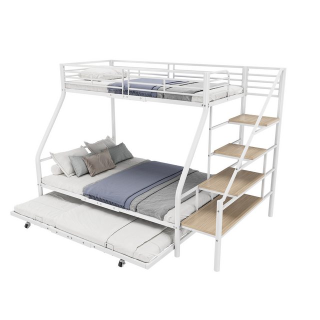 Merax Etagenbett, 90x200cm/140x200cm Kinderbett mit Ausziehbett, Metallbett Dreierbett