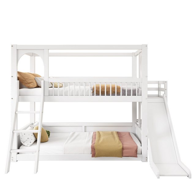 Merax Etagenbett (Jugendbett Stockbett mit Rausfallschutz und Regal, L247/B150/H170 cm), Kinderbett 90x200cm mit Rutsche und Leiter, Massivholzbett Hausbett