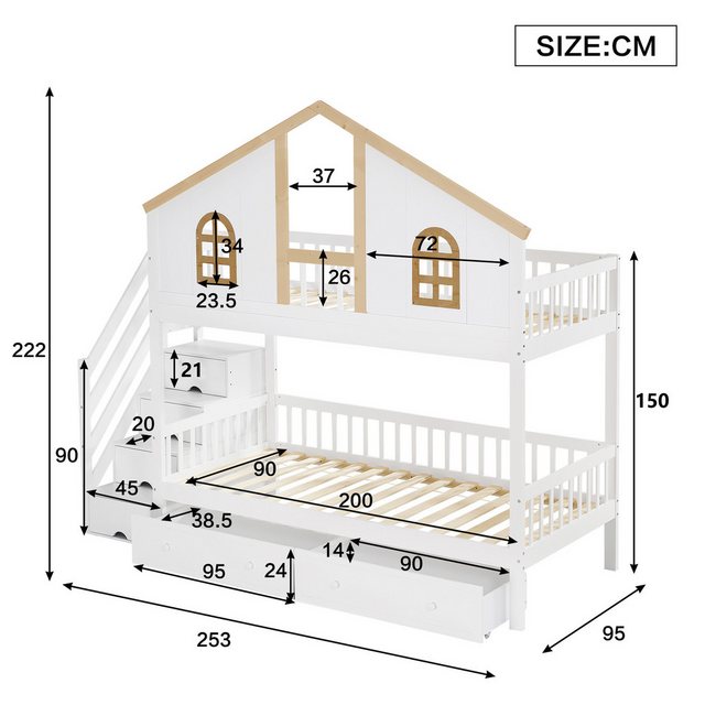 Merax Etagenbett (Stockbett mit Stauraum), Kinderbett 90x200cm mit 2 Schubladen und Stauraumtreppe, Kieferholz