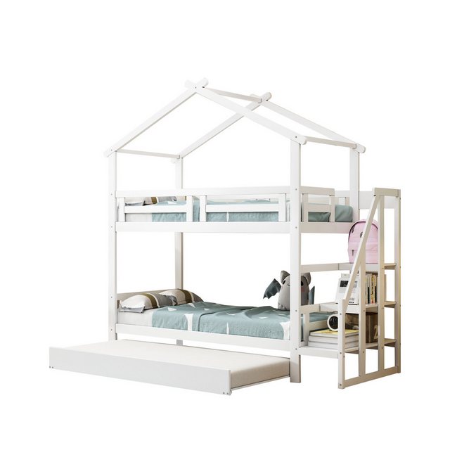 Merax Etagenbett mit 3 Liegeflächen und Treppe, Kinderbett 90×200/90x190cm Kiefer, Hochbett, Stockbett, Jugendbett