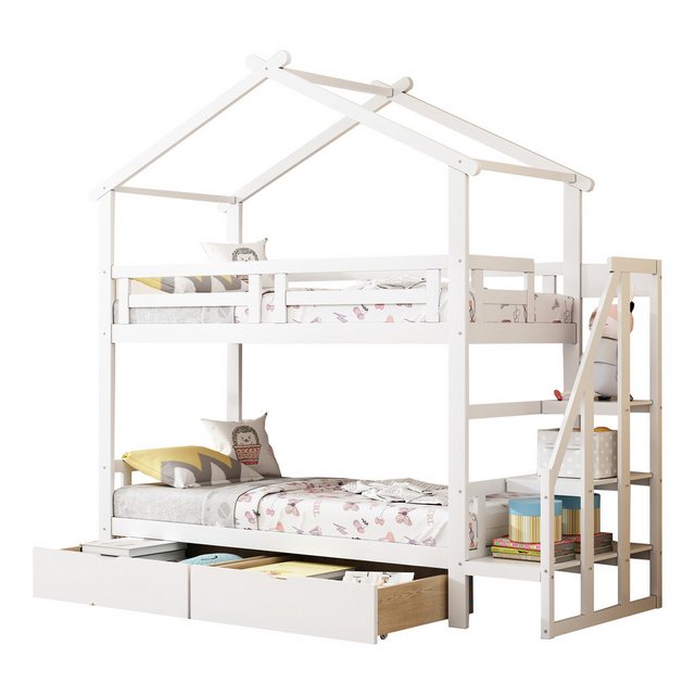 Merax Etagenbett mit Treppe und Schubladen, Kinderbett Kiefer, Einzelbett 90x200cm, Hochbett Stockbett