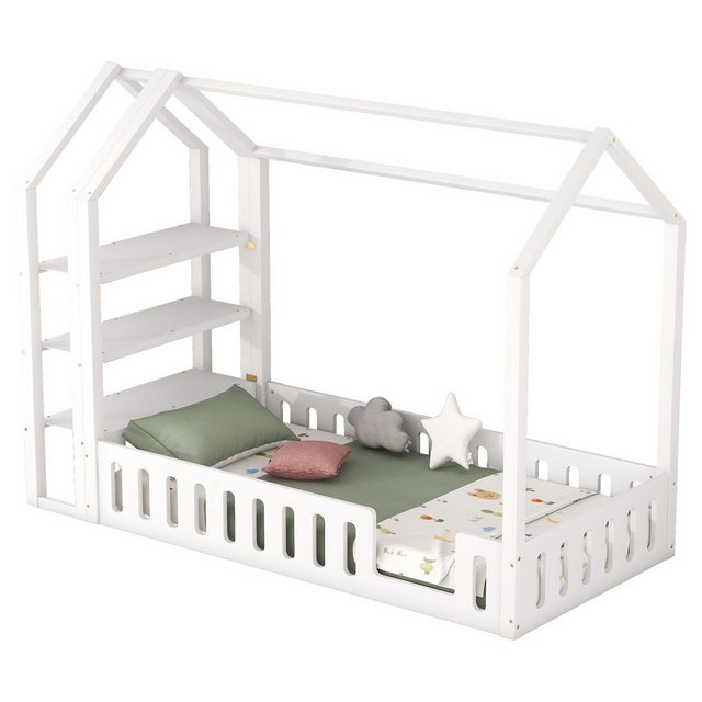 Merax Hausbett mit 3 Ablagen aus Kiefer, Kinderbett 90x200cm mit Rausfallschutz, Holzbett, Jugendbett