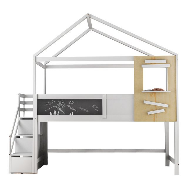 Merax Hochbett 90×200 cm, Etagenbett inkl. Treppe, Tafel und Lattenrost, Massivholz