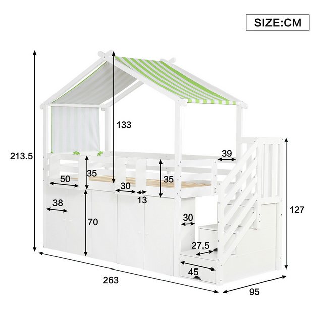 Merax Hochbett 90x200cm Kinderbett mit Vorhang (263x95x213.5cm) Etagenbett mit Kleiderschrank, Schließfächer und Stauraumtreppe