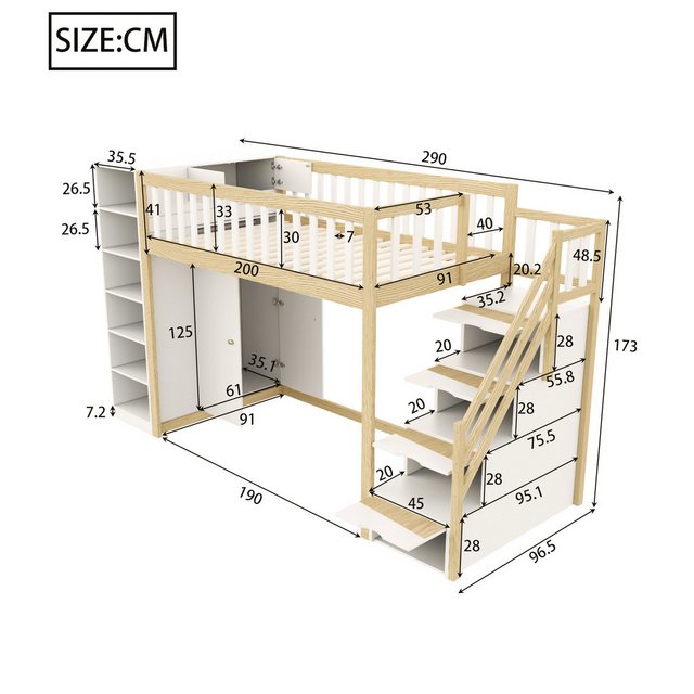 Merax Hochbett (Massivholz Kinderbett Jugendbett 290/96.5/173 cm, Etagenbett) 90x200cm mit Regalen,Treppe, Schließfächern und Kleiderschrank