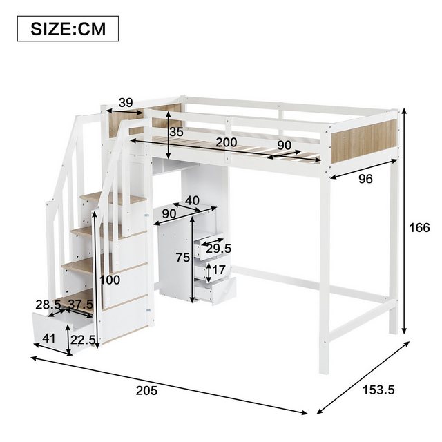 Merax Hochbett (Schrank mit 3 Schubladen, Offenes Regal) Etagenbett 90x200cm mit Stauraumtreppe, Schreibtisch und Schrank