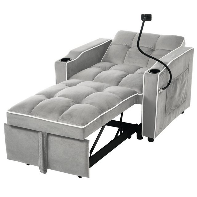 Merax Schlafsofa mit 3-in-1 Bettfunktion, Loungesessel mit Getränke- & Handyhalter, Ausziehbares Sofa Liegestuhl