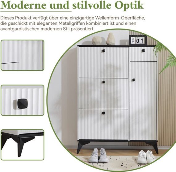 Merax Schuhschrank mit 3 Klappen Schuhregal mit Tür und Schublade,Sideboard Schuhkipper H121/B90/ T25cm