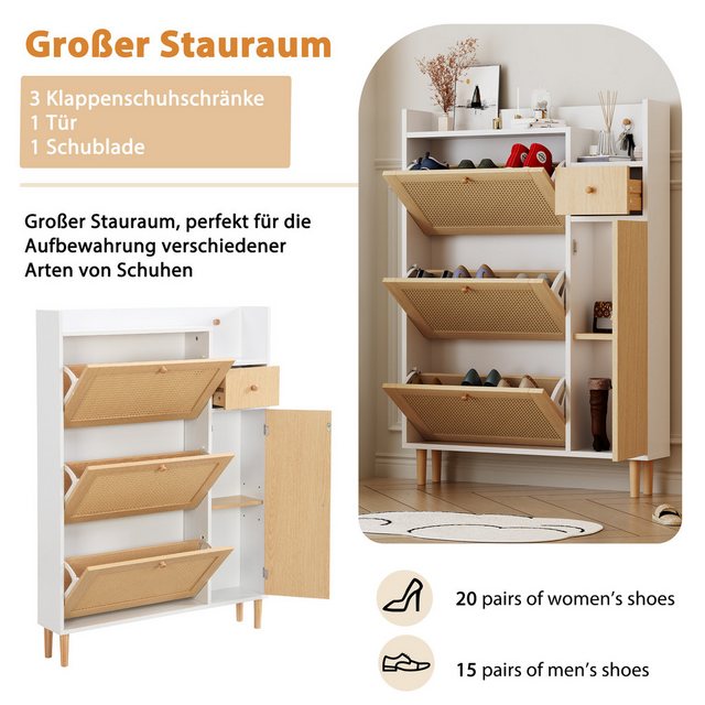 Merax Schuhschrank mit Rattandekor mit 3 Klappen, Tür und Schublade, Sideboard, Schuhkipper