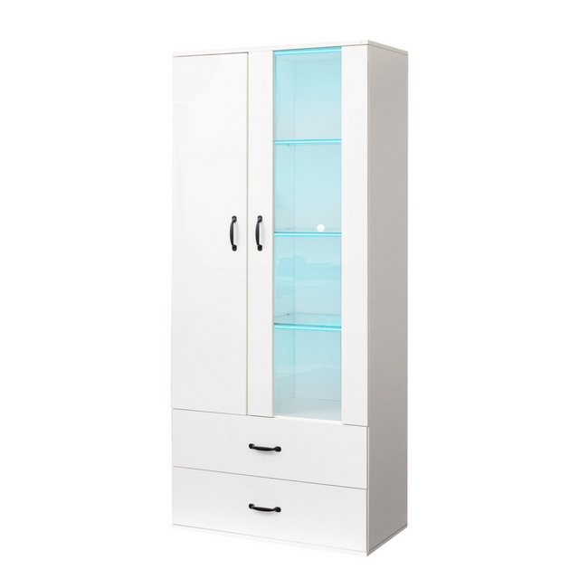 Merax Standvitrine mit LED-Beleuchtung, Hochglanz Front Vitrine mit großem Stauraum,Vitrinenschrank,Höhe: 182cm