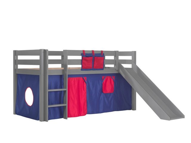 Natur24 Einzelbett Spielbett Pino 210 x 114 x 218 cm Rutsche Kiefer Grau Blau Rot