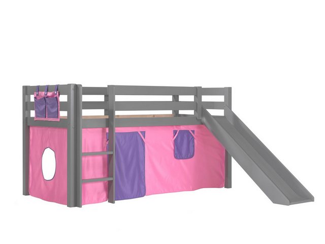 Natur24 Einzelbett Spielbett Pino 210 x 114 x 218 cm Rutsche Kiefer Grau Rosa Lila