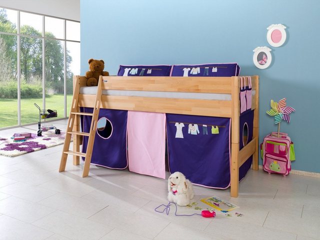 Natur24 Kinderbett Halbhohes Einzelbett Kim Buche Natur lackiert 90x200cm Einzelbett