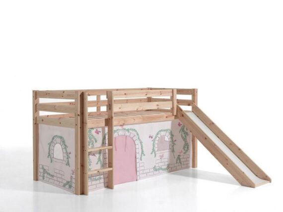 Natur24 Kinderbett Pino Spielbett mit Rutsche Kiefer Textilset Baumwolle