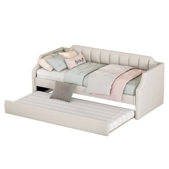 OKWISH Bett Einzelbett ausziehhare Liegeffäche Schlafsofa (Gepolstertes Single Daybed mit Rollbett, 90 x 200(190) cm), Ohne Matratze