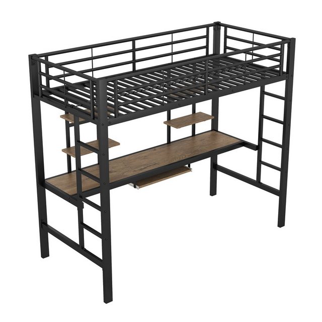 OKWISH Bett Eisenbett, Hochbett, Metallbett (mit Schreibtisch und zwei Bücherregalen für Kinder, Jugendliche und Erwachsene, 90×200 cm), Mit Matratze