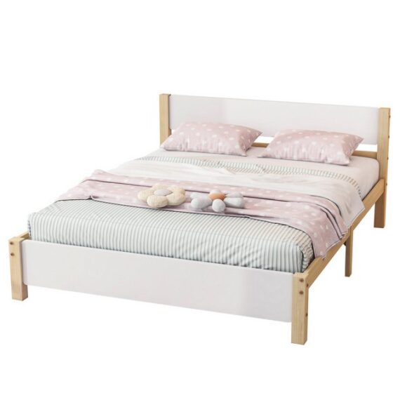 OKWISH Holzbett Einzelbett, Jugendbett, Gästebetten Funktionsbetten (140x200cm, Kiefernholzrahmen mit Mittelfuß, mit Kopf- und Fußteil aus MDF), ohne Matratze