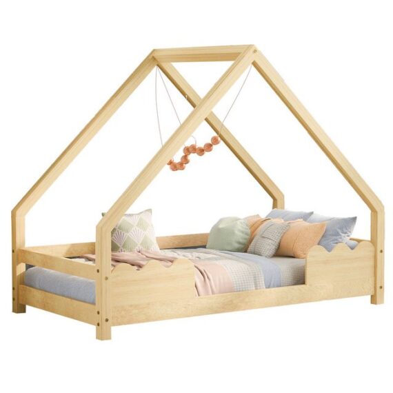 OKWISH Kinderbett Jugendbett Hausbett Holzbett Einzelbett (80x160cm ohne Matratze), mit Rausfallschutz, Spielbett, Wellenförmiger Zaun