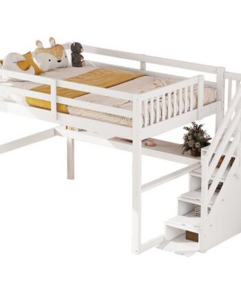 OKWISH Kinderbett Kinderhochbett Stauraumbett Funktionsbett Holzbett (Hochbett Kinderhochbett mit Stauraumschubladen, Schreibtisch., mit Stauraumschubladen und Unterbettschreibtisch), ohne Matratze