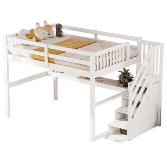 OKWISH Kinderbett Kinderhochbett Stauraumbett Funktionsbett Holzbett (Hochbett Kinderhochbett mit Stauraumschubladen, Schreibtisch., mit Stauraumschubladen und Unterbettschreibtisch), ohne Matratze