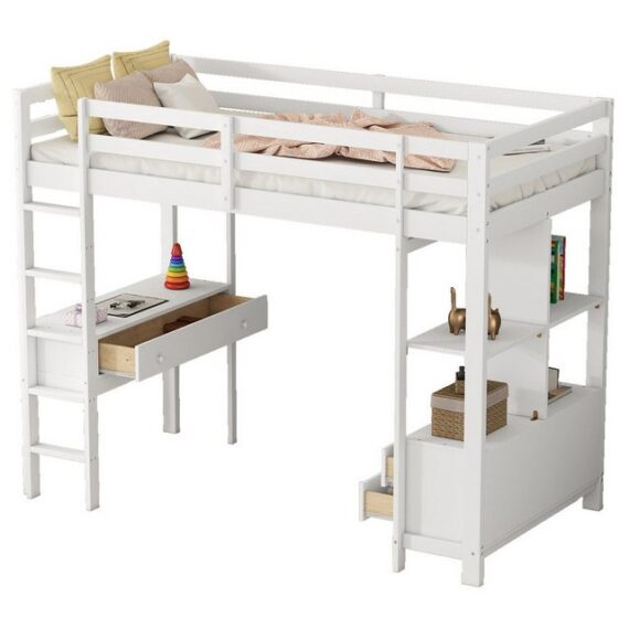 OKWISH Kinderbett mit Schreibtisch, Funktionsbett Stauraumbett Hochbett Jugendbett (Hochbett,mit Stauraumschubladen und Unterbettschreibtisch Loftbett aus Kiefernholz für Kinder - Sicher, stabil und platzsparend für Lern- und Arbeitsbereich - Flexibel montierbar mit 6 Schubladen., 90 x 200cm), Ohne Matratze