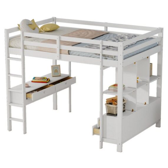 OKWISH Kinderbett mit Schreibtisch, Funktionsbett Stauraumbett Hochbett Jugendbett (Hochbett,mit Stauraumschubladen und Unterbettschreibtisch Loftbett aus Kiefernholz für Kinder - Sicher, stabil und platzsparend für Lern- und Arbeitsbereich - Flexibel montierbar mit 6 Schubladen., 140 x 200cm), Ohne Matratze