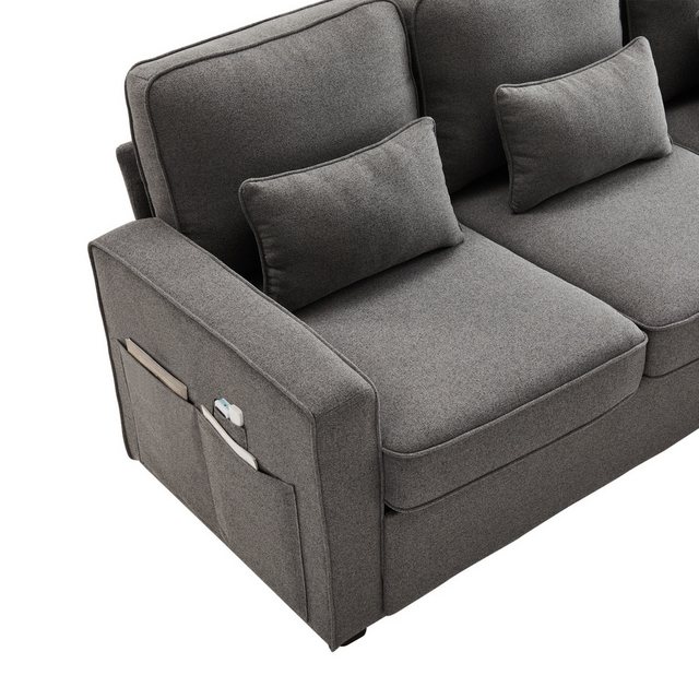 OKWISH Sofa 4-Sitzer-Schlafsofa aus Leinenstoff, Viersitzer-Sofa mit Armlehnentaschen und 4 Kissen, einfaches Sofa für Wohnzimmer, Wohnung, Büro