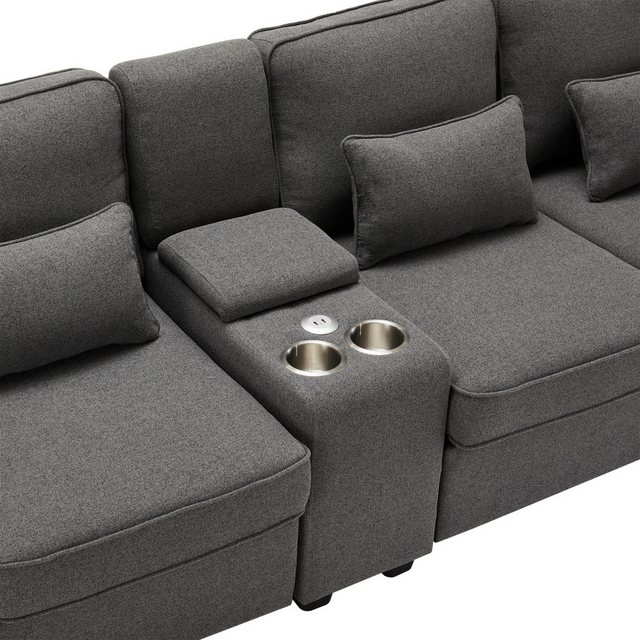 OKWISH Sofa 4-Sitzer-Schlafsofa aus Leinenstoff, mit Konsole, 2 Getränkehaltern, 2 USB-Anschlüssen zum Aufladen mit Kabel, mit Armlehnentaschen und 4 Kissen, einfaches Sofa für Wohnzimmer, Wohnung, Büro