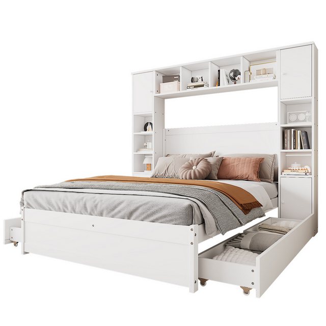 OKWISH Stauraumbett Kinderbett Doppelbett Holzbett Gästebett (hohes Bett mit zwei Anti-Kipp-Schnallen, Flaches Bett mit mehreren Stauräumen, Paneelbett mit 4 Schubladen), ohne Matratze