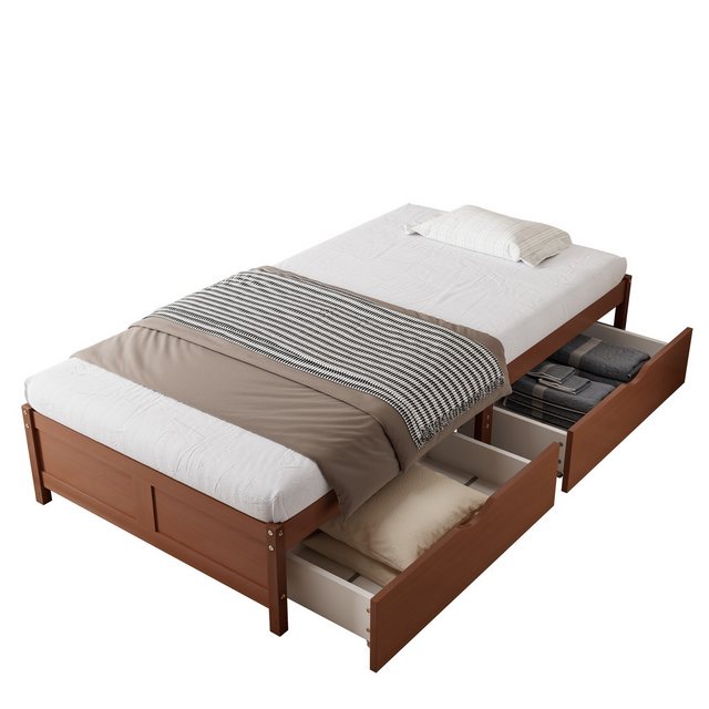 OKWISH Stauraumbett Vintage-Flachbett aus Kiefernholz, Doppelbett Jugendbett Kinderbett (für Heranwachsende und Erwachsene, mit stabilen Lattenrosten und zwei Schubladen mit Rollen, 90×200 cm), ohne Matratze