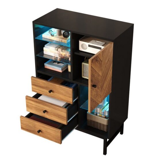 OKWISH Vitrine mit dreieckige Holzmaserung (Wohnzimmerschrank, Highboard, Aufbewahrungsschrank, Küchenschrank, 1-St., 1 Tür, 3 Schubladen, 5 offene Fächer) mit 12-farbigem LED-Lichtband