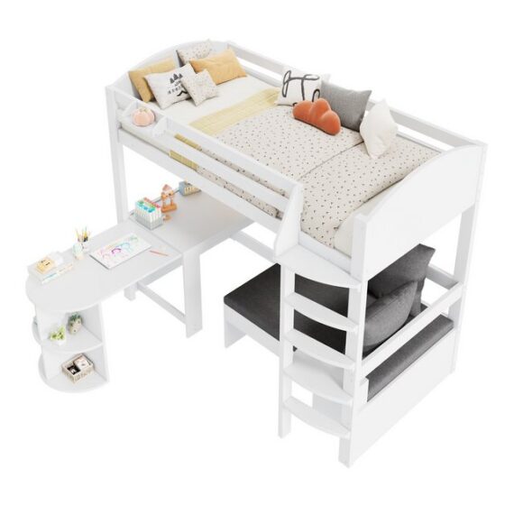 Odikalo Hochbett Kinderbett ausziehbarem Tisch Sofa Lagerregale Keine Matratze 90*200cm