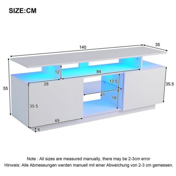 Odikalo TV-Schrank Lagerschrank 16 LED Sideboard hochglänzend Türblätter Glasfächern weiß