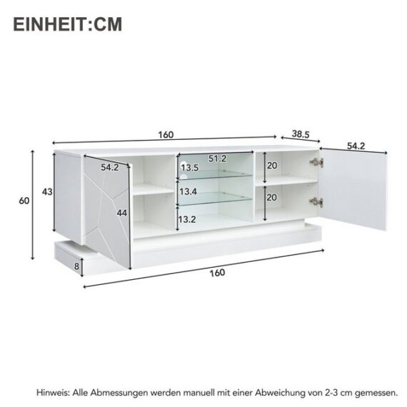 Odikalo TV-Schrank Sideboard Lowboard Hochglanz Schrank Verstellbare Glasablage Weiß