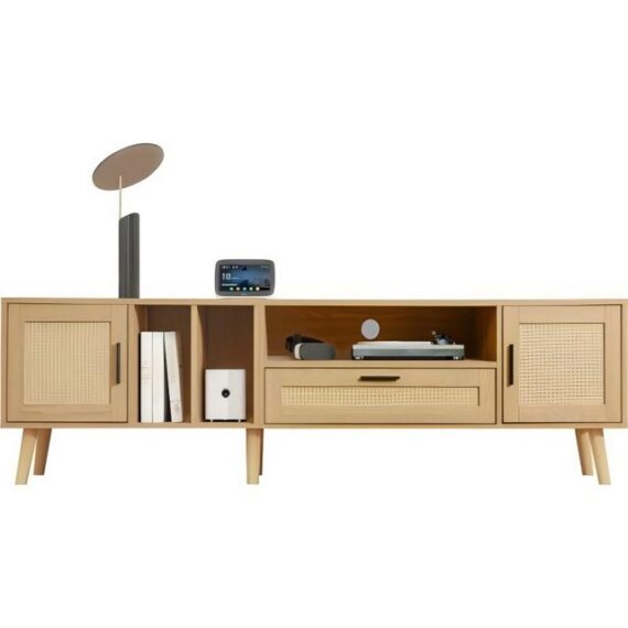 Odikalo TV-Schrank Sideboard Rattan 2 Türen Schublade Massivholz 80-Zoll-Fernseher natur