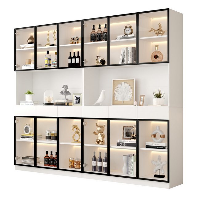 Odikalo Vitrine Hochschrank Glasschrank Tür 200cm Multi Storage Bücherregal Weiß