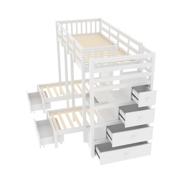 Oeryde Etagenbett Etagenbett Kinderbett Hochbett, Mit Schubladen und sicher Treppe, Insgesamt 3 Betten, Sicherheitstreppe mit Gitterstäben, 7 Schubladen