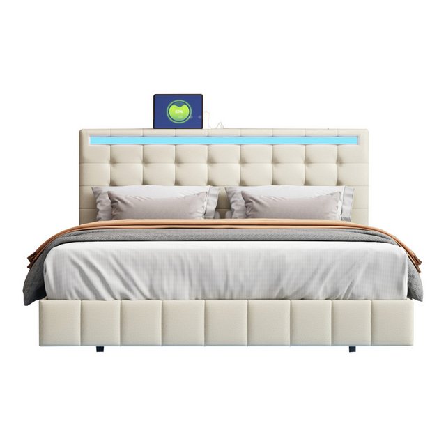 PXloue Polsterbett Doppelbett Jugendbett (Mit 2 USB-Ladeschnittstelle), mit LED Beleuchtung und Lattenrost,Leinen,140×200 cm